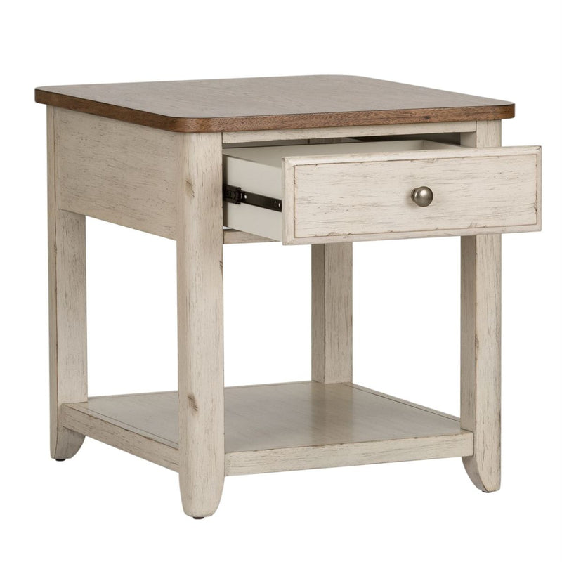 Liberty Farmhouse Reimagined End Table with Basket in Antique White