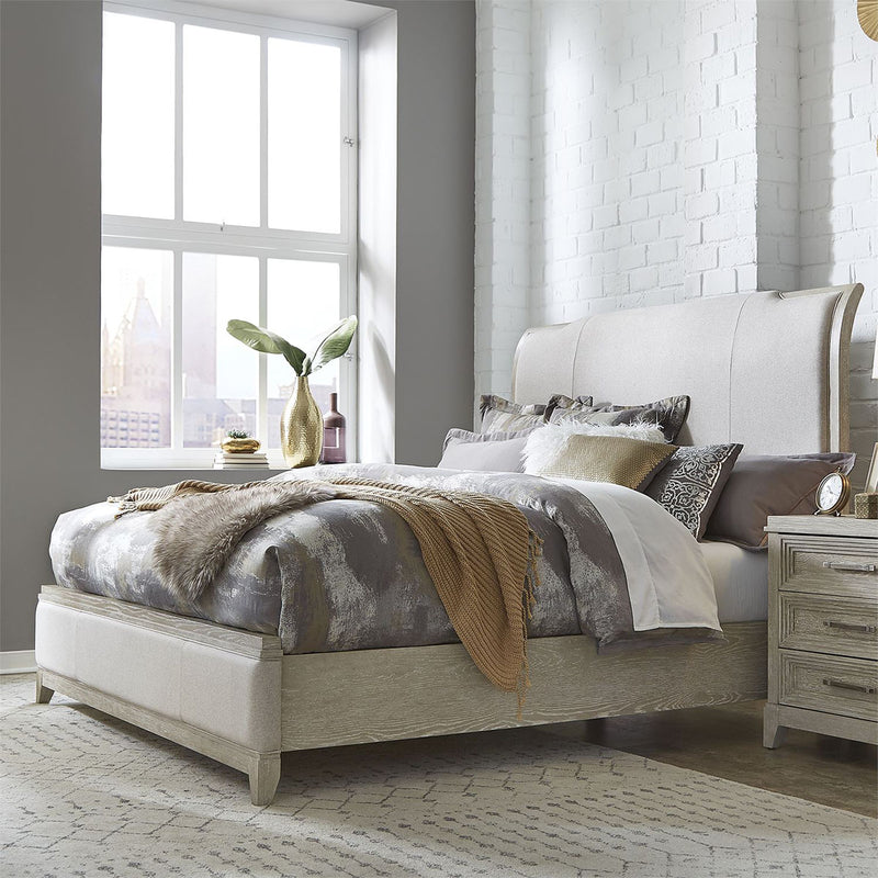 Liberty Furniture Belmar Cal King Upholstered Sleigh Bed in Washed Taupe and Silver Champagne 902-BR-KUB image