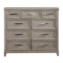 Belmar 9 Drawer Bureau Dresser in Washed Taupe and Silver Champagne